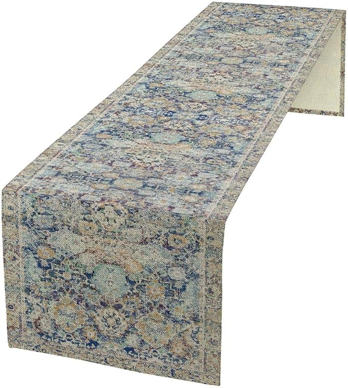 Vintage Boho Floral Table Runner, Rustic Country Farmhouse Blue Yellow Retro Flower Pattern for Home Kitchen Table Decor Dining Coffee Room Party Decor 13x120in