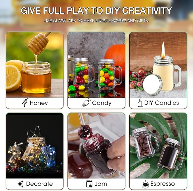 30 Pack Small Mason Jars, 1.5 oz Mini Mason Jar Glasses with Lids & Handles Mini Honey Jars DIY Decorations,Glass Favor Jars for Drink, Dessert, Candle, Craft, 30 Labels and Hemp Rope & Pen