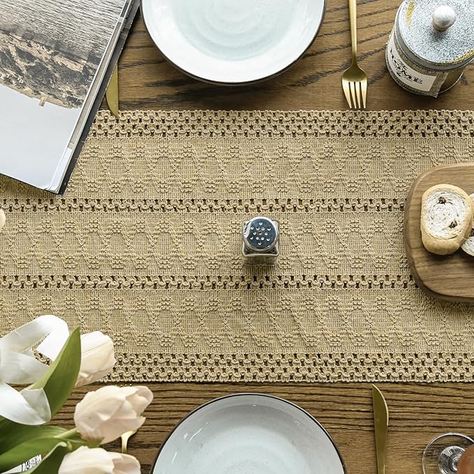 Artoid Mode Burlap Brown Farmhouse Woven Rustic Hollow Table Runner, Seasonal Holiday Hollow Kitchen Dining Table Decoration for Home Party Decor 12x90 Inch