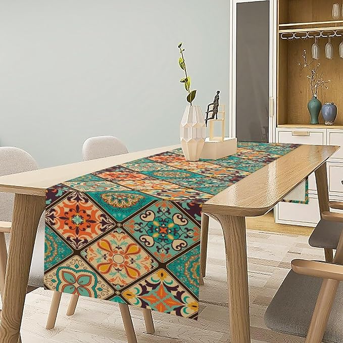 Boho Floral Table Runner,Vintage Bohemian Style Table Runner for Kitchen Dining Table Home Party Decoration 13x72 Inch