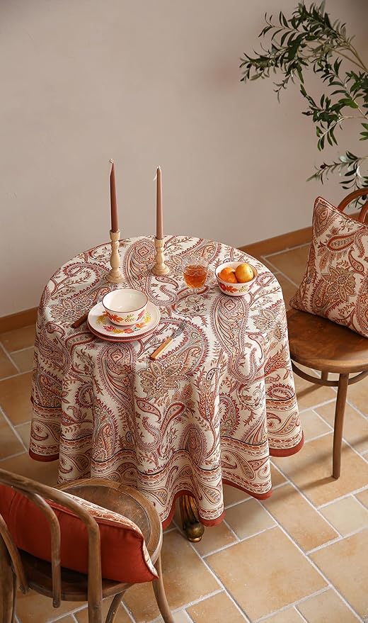 ISAENNE Designer French Red Round Square Tablecloth,Linen Table Cloth with Cashew Pattern,Stain Proof Decor Tablecloths for Dining Thanksgiving Kitchen Christmas,Diameter 55"-Chauffrey D