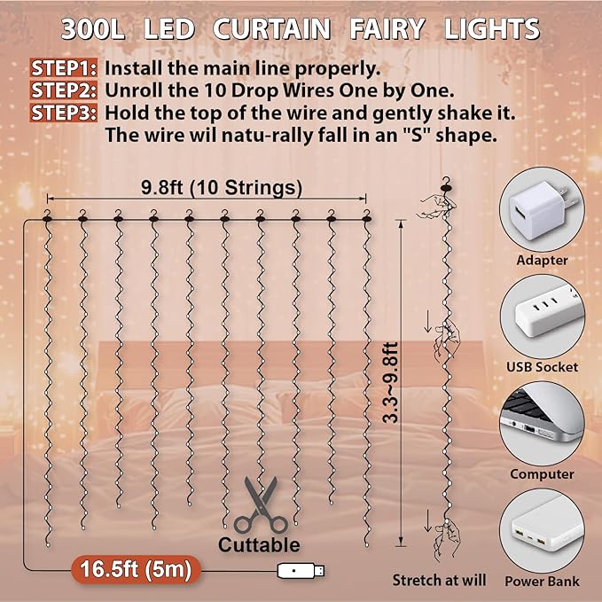 HXWEIYE 300LED Fairy Curtain Lights, 9.8x9.8Ft USB Plug-in 8 Modes Christmas String Hanging Lights with Remote for Bedroom Backdrop Wedding Party Indoor Wall Decor, Orange