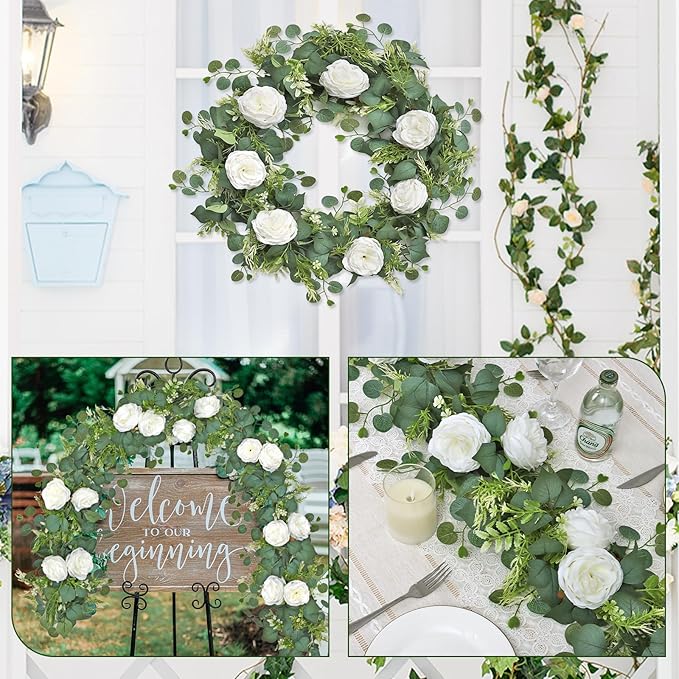 2PCS Artificial Eucalyptus Flowers Garland with White Roses 6.23FT Floral Garland Fake Peony Rose Vines Decorative Wall Hanging Plant for Wedding Party Arch Table Wall Backdrop Decor