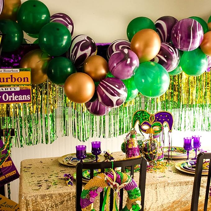 6 Pack 10 Feet Mardi Gras Foil Fringe Garland Metallic Tinsel Streamers Banner Wall Hanging Backdrop Banner for Parade Floats, Valentine's Day, Wedding, Birthday Party Decorations Gold Green Purple