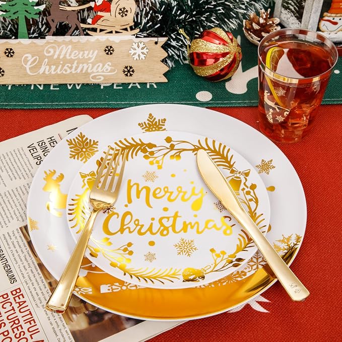 Supernal 150pcs Christmas Plates, Christmas Plastic Dinnerware include Gold Plastic Plates,Gold Plastic Silverware,Gold Plastic Cups, Christmas Party Plates for 25 Guests