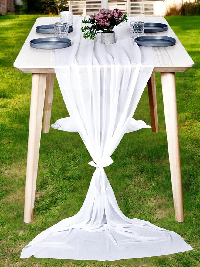 MDS 15 Pack 10ft Chiffon Table Runner 29 x 120 Inches Sheer Wedding Runner Romantic Rustic Table Runner for Wedding Decorations, Birthday Parties, Bridal Shower Party Arch Decor - White
