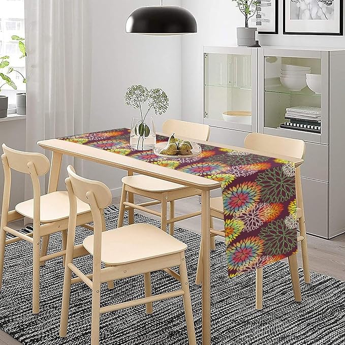 Brown Dahlia Flower Table Runner, Linen Geometric Pattern Floral Table Decor Spring Farmhouse Decorations for Kitchen Dining Holiday Party Decor, 13x120 Inch