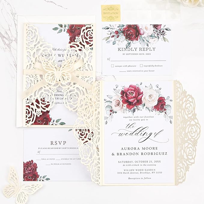 Wedding Invitations Ivory 50 Pack - Butterfly Laser Cut Invitation Sleeves with Blank 250GSM Pearlescent Paper Insert Make Your Own Party Invitations Wedding Quinceanera Bride Shower