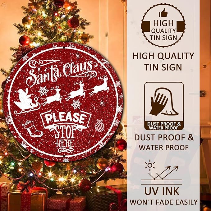 Round Metal Tin Sign - Santa Sleigh Reindeer Vintage Sign - Santa Claus Please Stop Here Sign for Christmas Living Room Bedroom Coffee Bar - 8 * 8 in