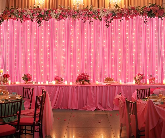 Hot Pink Tulle Backdrop Curtain with Lights String for Parties 30x8ft Fuchsia Sheer Backdrop Curtains for Weddings Birthday Party Baby Shower Photo Shoot Background Decorations(6 Panels 5ft×8ft)