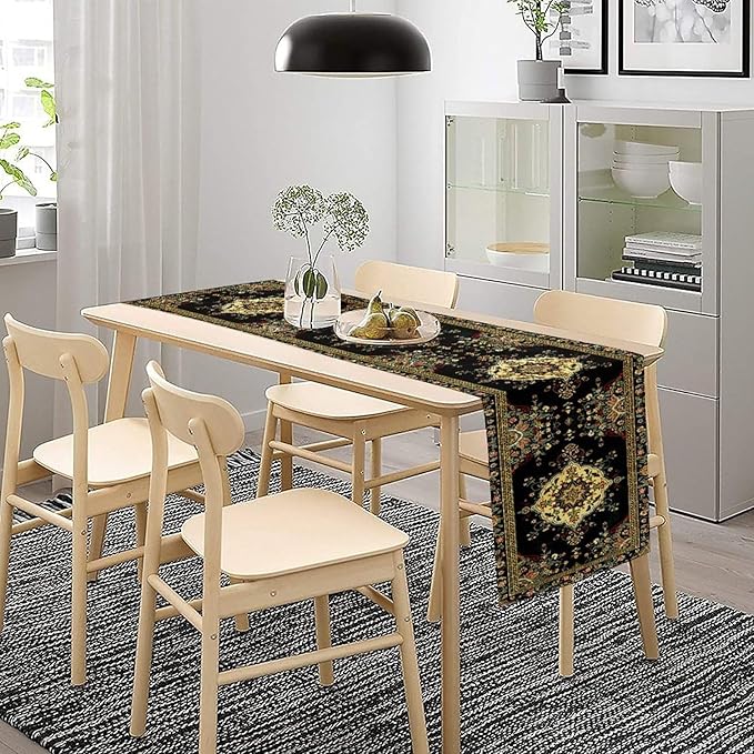 Colorful Boho Flower Table Runner, Vintage Rustic Farmhouse Paisley Hand Drawing Print Pattern for Home Kitchen Table Decor Dining Coffee Room Garden Party Decor 13x108in