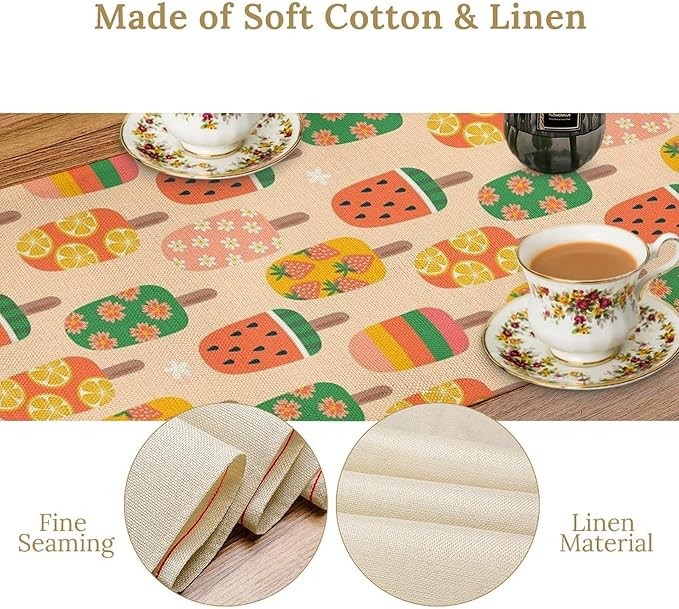 Summer Popsicles Table Runner, Colorful Cute Ice Cream Childish Seasonal Dinner Runner for Party Holiday Home Kitchen Dining Table Decor 13"x70"