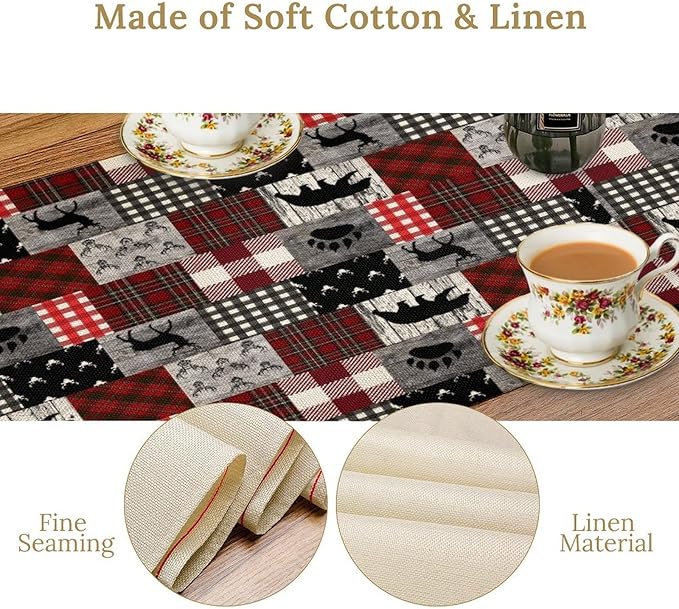 Rustic Farm Table Runner,Vintage Woodland Deer Bear Animal Buffalo Plaid Print Tablecloth Burlap for Hotel Indoors Outdoor Dining Room Kitchen Home Decor,W13X L80 in