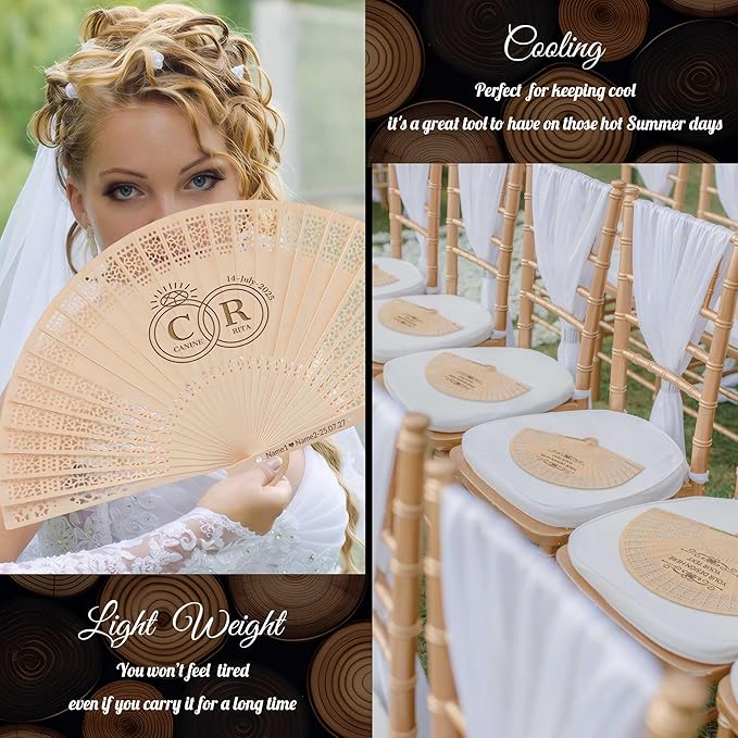 10 PCS Custom Fans Personalized Folding Fans for Line Dancing Wooden Hand Fan Wedding Favors Bulk Fans for Guests Party Event Use (Style11)