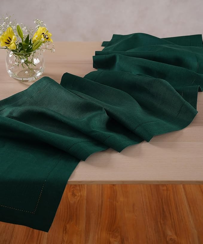 Linen Table Runner 14 x 72 Inch Long - 100% Pure Linen Christmas Green Table Runner - Cloth Fabric Hemstitch Runner for Thanksgiving, Christmas, Winter, New Year - Elara