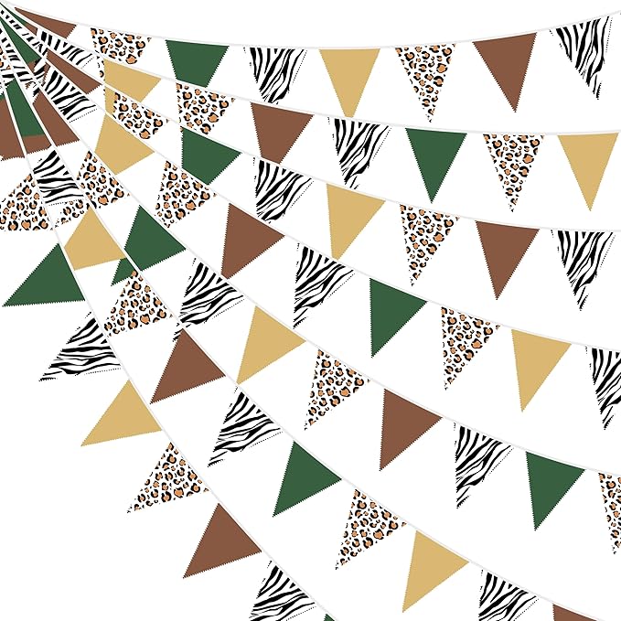 32Ft Jungle Safari Party Decorations Sage Green Brown Wild Animal Leopard Zebra Print Triangle Flag Fabric Banner Pennant Garland Streamers for Cheetah Birthday Baby Shower Party Decor Supplies