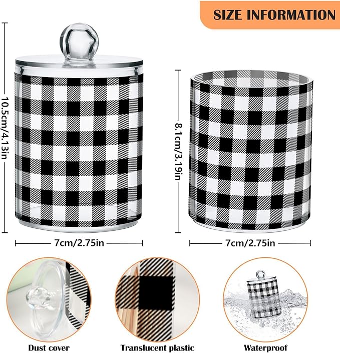 Gredecor Qtip Holder Dispenser 4 Pack Black White Classic Buffalo Plaid Apothecary Jars with Lids Bathroom Vanity Countertop Canister Storage Organizer for Cotton Ball,Swabs,Pads,Floss