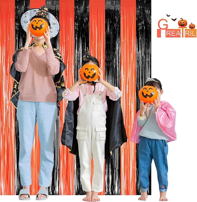 Black Orange Streamers Party Backdrop - GREATRIL Tinsel Fringe Curtain for Halloween Decorations/Pumpkin/Birthdays Party Decoration - 3.2ft X 8.2ft - 2 Packs
