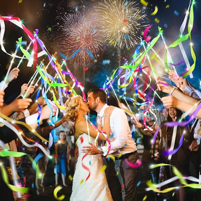 100 PCS Light Up Wands for Wedding, Wedding Favors with 3 Colorful Flashing Modes, LED Silk Fairy Wands with Bells for Wedding, New Year, Raves, Concert, Birthday, Party Streamers