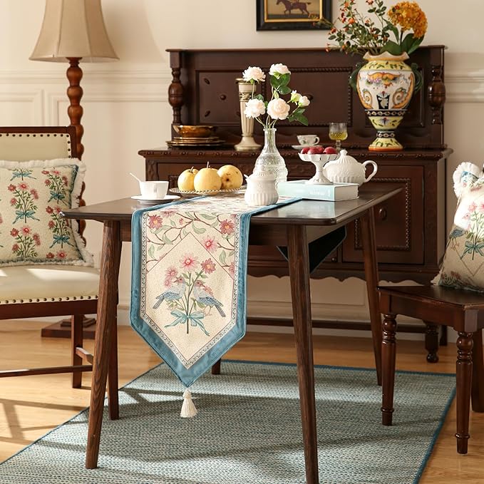 patdrea Designer French Elegant Wild Flowers Velvet Table Runner 118 Inch Long, Beige Pink Floral Table Mat, Decoration for Kitchen Dining Coffee Table Cabinet Banquet Thanksgiving,16"*118"