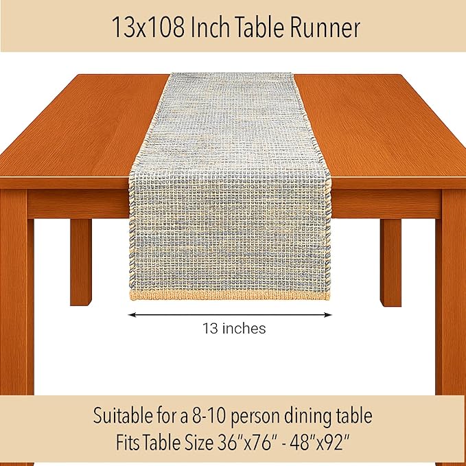 Chardin home Natural Jute Table Runner 13x108 Inch – Vintage Boho Rustic Table Decor – Handwoven Long Table Runner in Natural Jute and Grey – Farmhouse Dining or Console Table Accent
