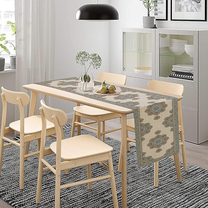 Boho Bohemia Style Table Runner, Vintage Teal Brown Retro Flower Rustic Country Style Floral Print Pattern for Home Kitchen Table Decor Dining Coffee Room Garden Party Decor 13x60in