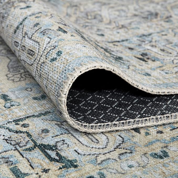 Bloom Rugs Washable Non-Slip 4' x 6' Rug - Cream/Light Blue/Teal Traditional Medallion Area Rug for Living Room, Bedroom, Dining Room, and Kitchen - Exact Size: 4' x 6'