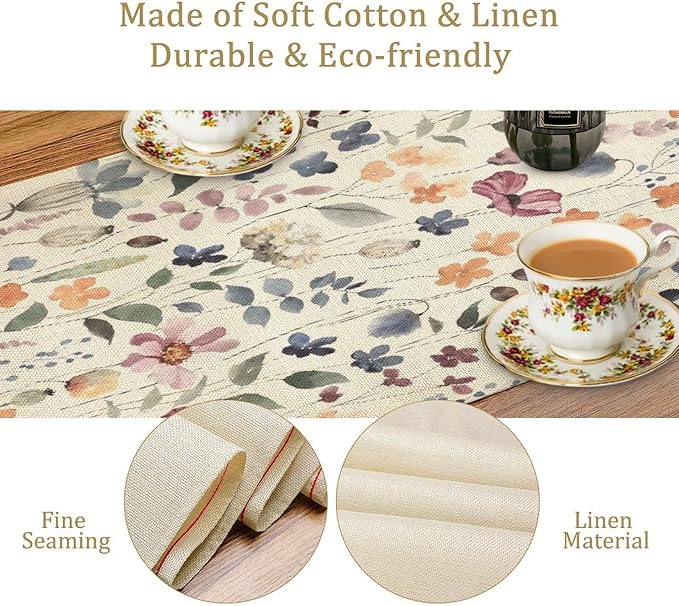 Watercolor Floral Table Runner, Vintage Colorful Floral Natural Style Pattern Decorative Home Restaurant Kitchen Rectangle Table Runner,13in（33cm） W * 90in（229cm） L