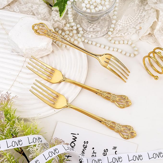 150PCS Gold Plastic Forks - 8.1inch Gold Forks Disposable - Vintage Heavy Duty Dessert Forks - Premium Fancy Plastic Silverware for Parties, Weddings, Dinners and Events