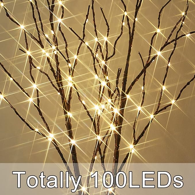 Fudios Lighted Brown Branches with Timer 32 in 100 LED for Vases Battery Operated, Artificial Willow Branch Twigs with Warm White Lights for Christmas Holiday Party Decor