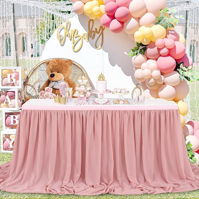 Dusty Rose 6ft Table Skirt for Rectangle Tables or Round Tables Sheer Tablecloth for Baby Girl Birthday Princess Party Wedding Table Decor