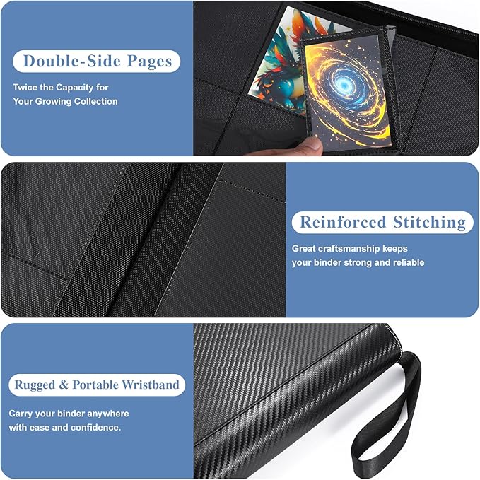 Trading Card Binder 16 Pocket with Display Window, 1024 Cards Capacity Card Binder, Waterproof PU Leather Photocard Baseball Card Binder for MTG, TCG, Sports Cards, Black