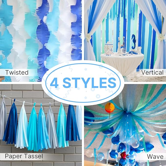 PartyWoo Blue Crepe Paper Streamers 4pcs 328ft Pack of Light Sky Blue Crepe Paper Streamers for Birthday Gender Reveal Baby Shower Graduation Pool Mermaid Under The Sea Theme Party Decorations