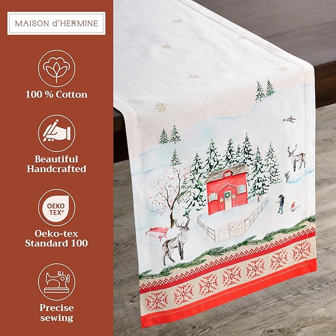 Maison d' Hermine Table Runner 100% Cotton Single Layer Table Runners 72 inches Long for Thanksgiving Christmas Decorations Home Kitchen Dining Party Wedding (Rural Christmas, 14.5" x 72")
