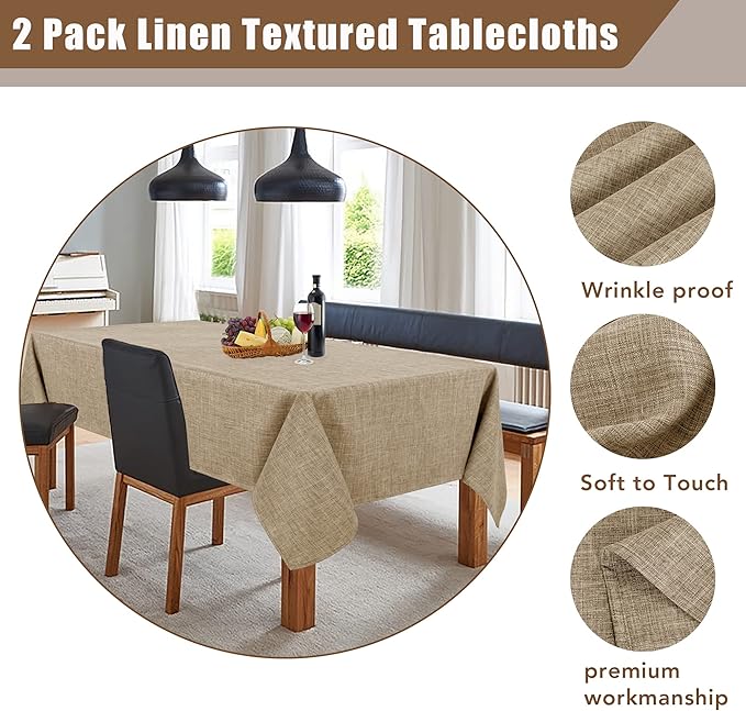 Fitable Faux Linen Table Clothes Rectangle 60 x 102 Inch - 2 Pack Khaki Tablecloths for 6 Foot Tables, Faux Burlap Kitchen Table Covers for Dining, Party, Farmhouse, Banquet, Buffet