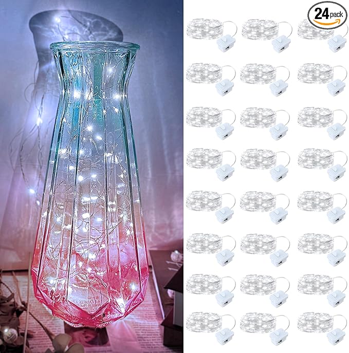 24 Pack Led Fairy Lights - White, Battery Operated LED Silver Wire String Lights, 7FT 20LED Mini Firefly Starry String Lights Waterproof Led Twinkle Lights for Mason Jar DIY Christmas Decor