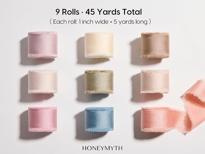Satin Silk-Like Ribbon Set – 1" Wide, 9 Rolls, 45 Yards Total – Handmade Fringe Ribbons for Gift Wrapping, Wedding Invitations, Floral Bouquets, DIY Crafts