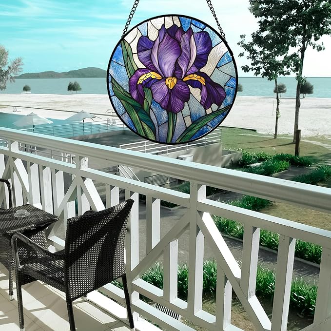 Stained Glass Window Hanging - Iris Birth Flower Suncatcher for Doors Garden Yard Purple Blue Sun Catchers Decor Christmas Mother's Day Birthday Gifts for Teacher Women Mom Nana 11.8 in