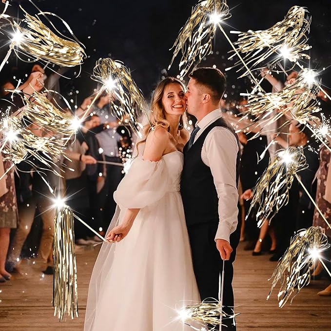 100 pcs Wedding Wands Light up with LED Tinsel Wedding Streamers for Wedding Send off and Greeting Ideal Props for Weddings, Birthday Parties, Christmas Cheerleading Games (Champagne)