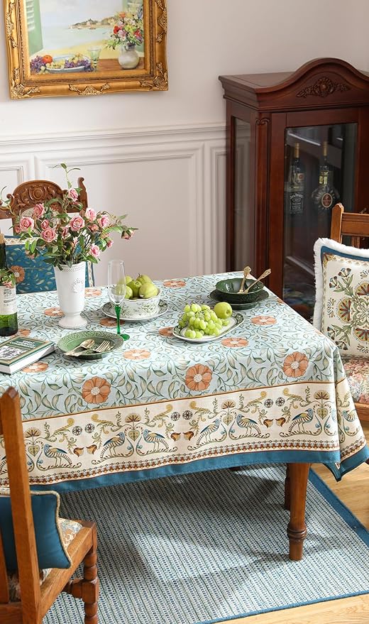 patdrea Designer French Linen Blue Tablecloth for Rectangle Table,Vintage Floral Table Cloth,Colorful Decoration Fall Cover Kitchen Dining for Thanksgiving,Tea Party,Christmas,55"x87"-Wensel