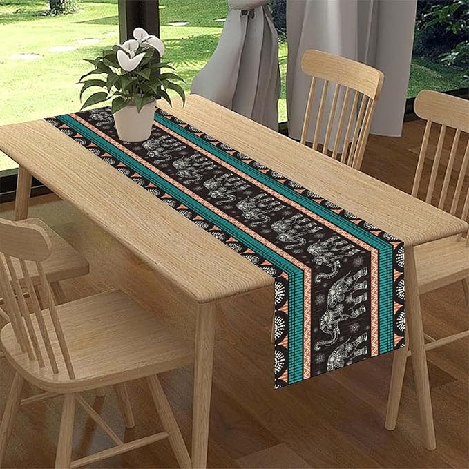 Boho Elephant Table Runner, Vintage Tribal Traditional Bohemian African Animals Ethnic Folk Table Center Decor for Home Kitchen Dining Patio Holiday Party Indoor Table Decorations, 13"x72" Inch
