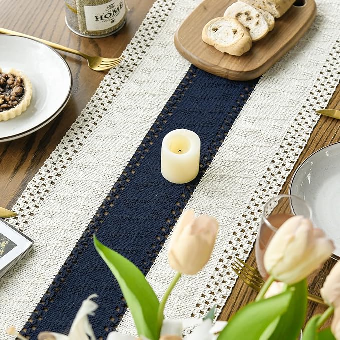 Artoid Mode Dark Blue Farmhouse Rustic Table Runner, Seasonal Holiday Hollow Kitchen Dining Table Decoration for Home Party Decor 12x120 Inch