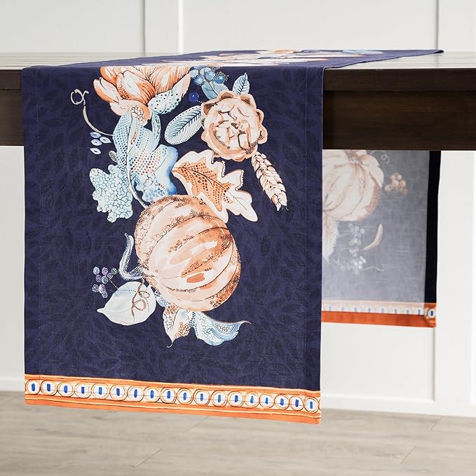 Maison d' Hermine Table Runner 100% Cotton Single Layer Table Runners 108 inches Long for Thanksgiving Christmas Decorations Home Kitchen Dining Party Wedding (Pumpkin Blues, 14.5" x 108")