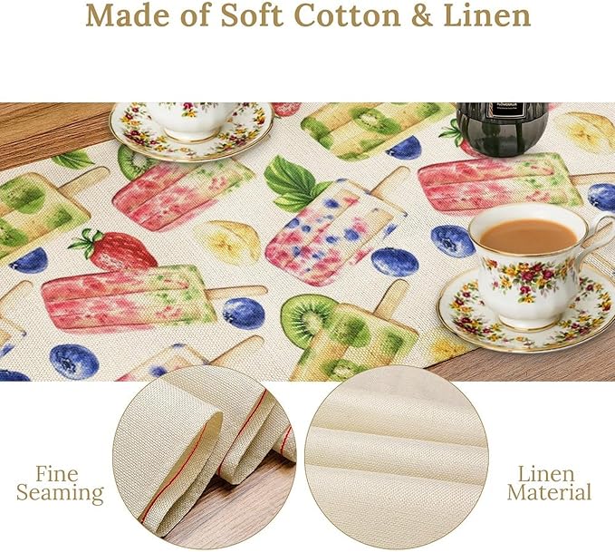 Ice Cream Table Runner, Watercolor Fruit Ice Popsicles Berry Kiwi Cold Summer Desserts Seasonal Dinner Runner for Party Holiday Home Kitchen Dining Table Decor 13"x108"