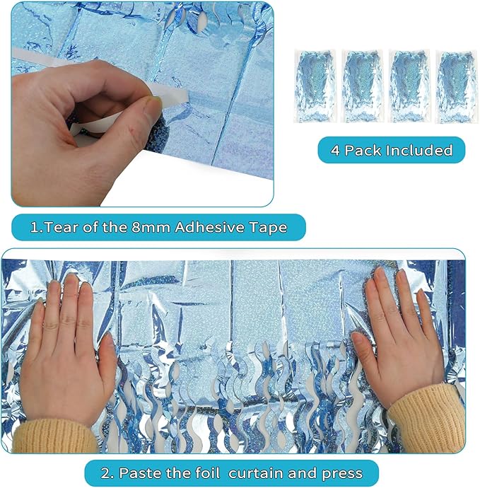4 Pack Wavy Blue Tinsel Backdrop Streamers Party Decorations 3.3x6.6 Feet | Foil Fringe Curtain Ocean Themed | Blue Birthday Decorations
