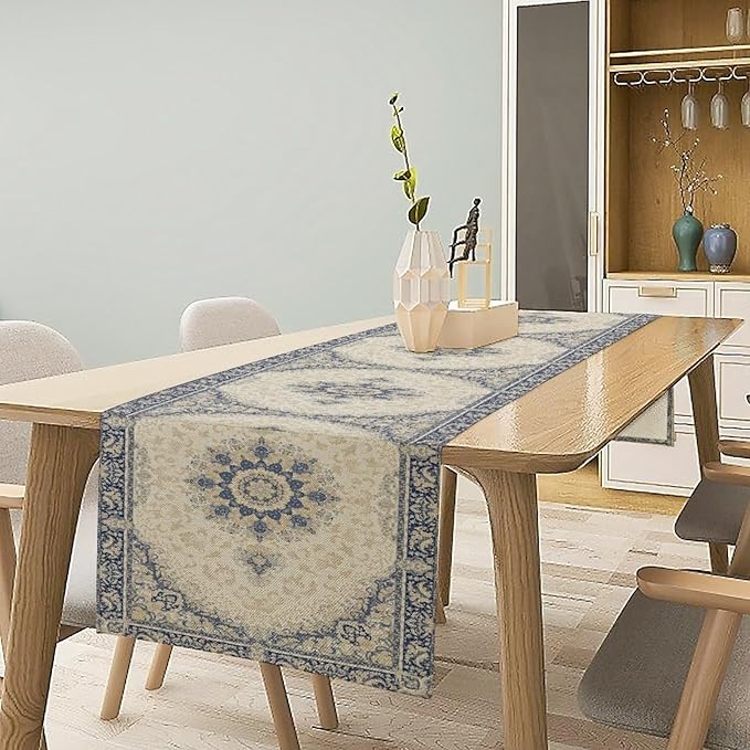 Boho Bohemia Style Table Runner, Vintage Blue Gold Retro Flower Rustic Country Style Floral Print Pattern for Home Kitchen Table Decor Dining Coffee Room Garden Party Decor 13x90in