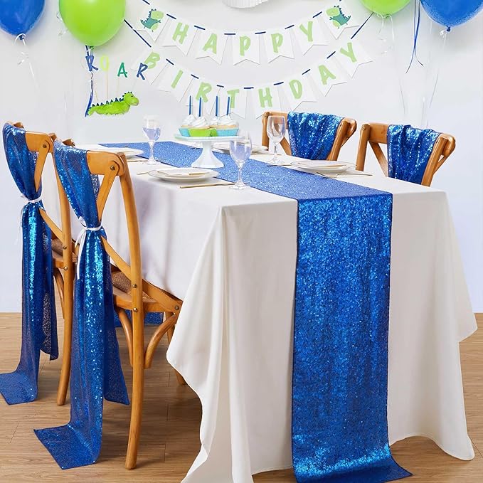 Sequin Table Runners 2 Pieces Royal Blue Table Runners 12x72 Inch Glitter Dining Table Cover for Party Wedding Birthday Reception Banquet Decoration Spring Party Chair Sashes