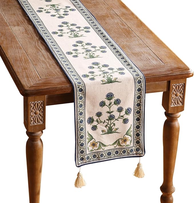 patdrea Designer Blue Rustic Elegant Floral Patterned Linen Table Runner 71 Inch Long,Wrinkle Resistant Table Mat,Decoration for Kitchen Dining and Coffee Tables Banquet Christmas , 12"x71"