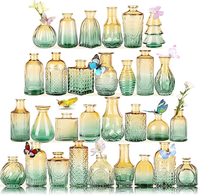 Glass Bud Vases in Bulk Set of 30 Pcs,Small Glass Vases for Flowers as Wedding Centerpieces for Tables,Clear Flower Vases Suitble for Wedding Decorations,Home Decor (Brown Green, 30 pcs)