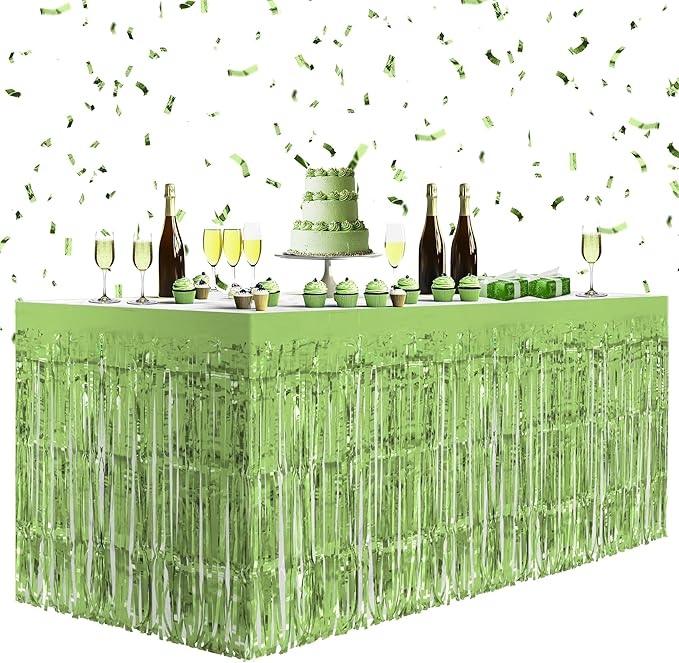 2 Pack Light Green Table Skirts, 29x108" Metallic Foil Tinsel Fringe Table Skirts for Rectangle Tables Streamer Curtains Backdrop, Party Decorations for Birthdays Weddings Holidays